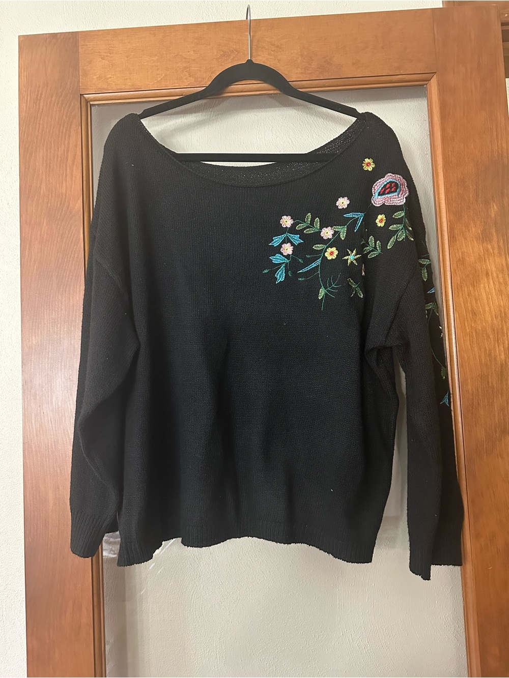Black Off-the-Shoulder Sweater with Floral Embroidery
